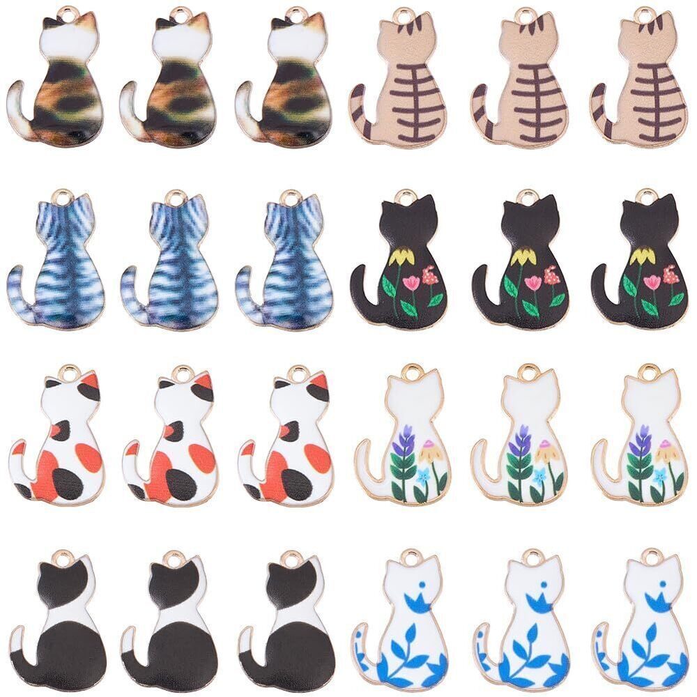 9439 1 Box 32Pcs 8 Styles Cats Charms Kitten Charm Metal Black Pattern